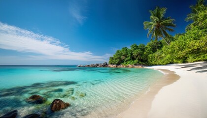 serene beach scene with crystal clear water soft sand and lush greenery creating a tranquil atmosphere for relaxation and escape