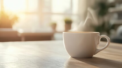 A steaming white cup sits on a wooden table, illuminated by warm sunlight streaming through a window, creating a cozy and inviting atmosphere.