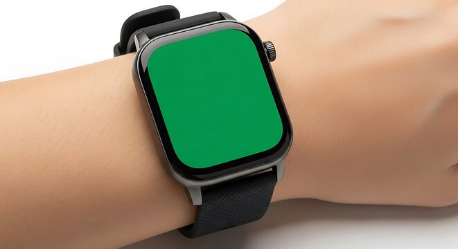 Close-up of a person's hand wearing a modern smartwatch with a blank green chroma key screen, isolated on a white background. Mockup for app design