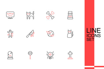 Set line Tombstone with cross, Spider, Lollipop, RIP written, Black cat, Moon and stars, Bloody knife and Voodoo doll icon. Vector