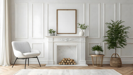 Bright and elegant living room interior with fireplace, chair, and plants.