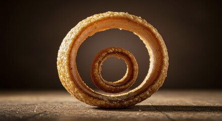 Crispy Pork Rind Spiral Against a Dark Brown Background, Close-U