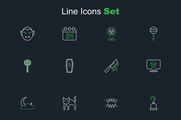 Set line Pirate hook, Vampire teeth, Black cat, Moon and stars, Skull, Bloody knife, Coffin with christian cross and Trident devil icon. Vector