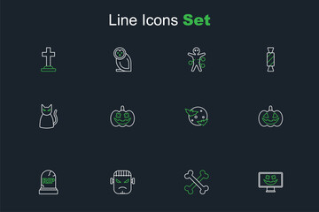 Set line Happy Halloween holiday, Crossed bones, Frankenstein face, Tombstone with RIP written, Pumpkin, Moon and stars, and Black cat icon. Vector