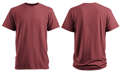 Maroon-colored T-shirt flat lay on a white background, front and back mockup