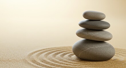 Stacked stones on sand with concentric circles