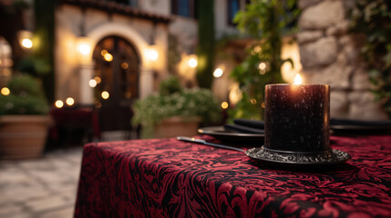 Elegant candle lit table with vampire motifs and dark red patterned tablecloth creating mysterious and cozy atmosphere for outdoor evening setting