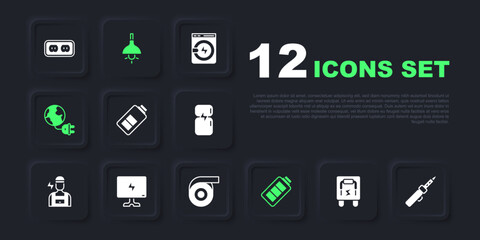 Set Electrical panel, Soldering iron, Battery charge, Global energy planet with plug, Smart Tv, Lamp hanging and Roll adhesive tape icon. Vector