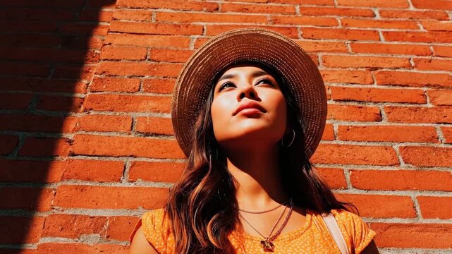 Woman in a straw hat gazing upward in front of a brick wall with strong light and shadow