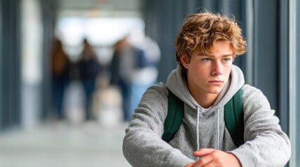 Thoughtful teenage boy in grey hoodie sitting at school hallway