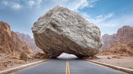 Giant boulder blocking mountain road