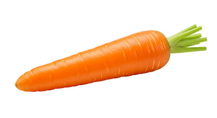 Single orange carrot with green leafy tops on a white background vegetable root vegetable