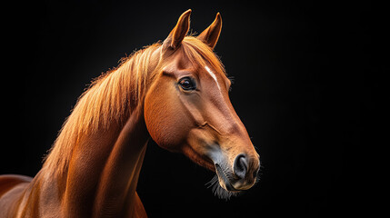 Obraz premium Chestnut horse posing elegantly against dark backdrop, creating dramatic festive portrait with refined equine beauty, highlighting seasonal sophistication