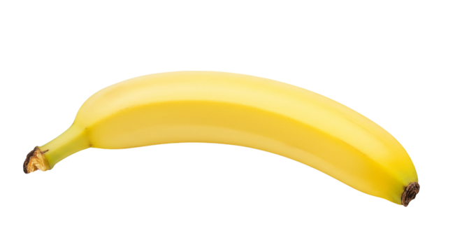 Single yellow banana with a curved shape on a white background fruit food