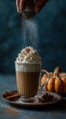 Cozy Autumn Pumpkin Spice Latte Dusted with Cinnamon and Whipped Cream.