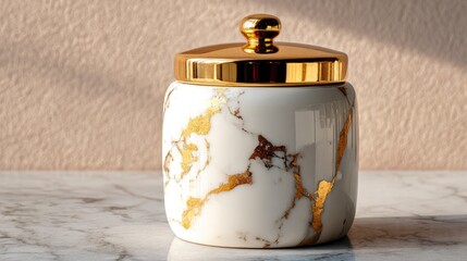 Luxury marble jar with golden lid on marble surface