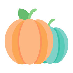 Two stylized pumpkins one orange one teal with green stems and leaves
