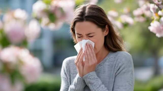 A young woman sneezes into a tissue amidst cherry and apple blossoms, capturing the essence of spring allergies.