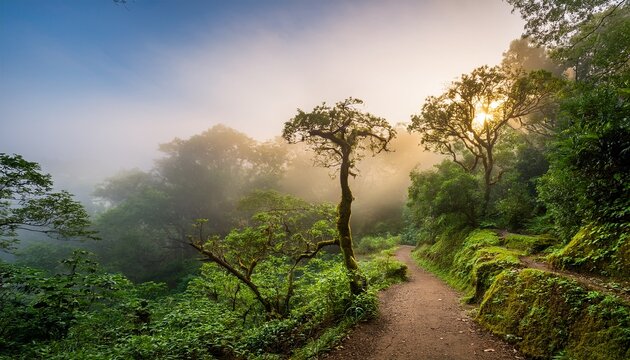 explore the enchanting misty forest trail surrounded by ancient trees and lush greenery at dawn
