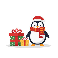 Festive Penguin with Gifts Wearing Santa Hat