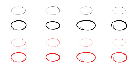 Red and black hand drawing doodle set on isolated white background. 16 red and black different shapes doodle circle set.  Modern isolated doodle art. Vector icon set on white page. Vector elements. 