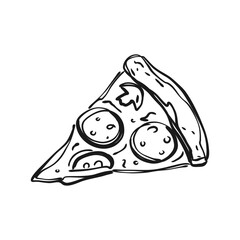 Hand drawn pizza piece. Modern print of traditional pizza, doodle pizza slice for pizzerias, restaurant, cafe menu, posters banners. Vector trendy illustration