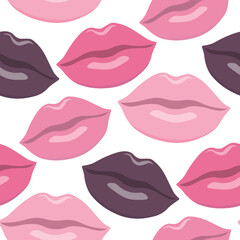 Vibrant lip print pattern for feminine branding and beauty design. Stylized pink and plum-colored lips on white background. Vector illustration.