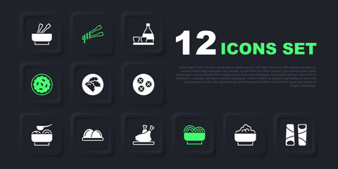 Set Rice in a bowl, Guotie, Dumpling, Asian noodles, Homemade pie, Sushi, Food chopsticks with and Roasted turkey or chicken icon. Vector