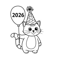 Cartoon Cat Celebrating 2026 with Party Hat and Balloon