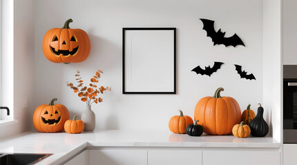 Modern Halloween Kitchen Decor with Pumpkins and Bats