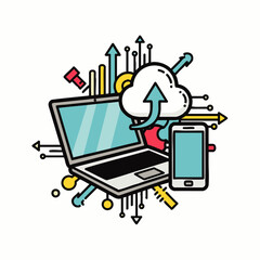 This vibrant vector illustration showcases modern cloud computing concepts, demonstrating seamless data synchronization and digital connectivity between a laptop and smartphone.