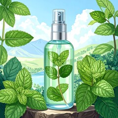 A clear spray bottle filled with fresh mint leaves sits atop a rocky outcrop, amidst a picturesque landscape of rolling hills and a tranquil lake.