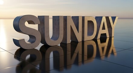 3D metallic SUNDAY typography on reflective tiles at golden sunrise.