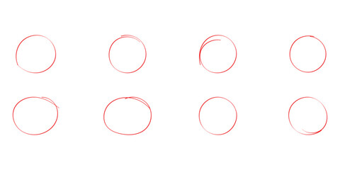 Red hand drawing doodle set on isolated white background. 8 red different shapes doodle circle set.  Modern isolated doodle art. Stroke outline drawn vector icon. Vector icon set on white page.