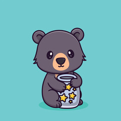 Cute Sun Bear Holding a Jar of Stars Adorable Cartoon Mascot Character Catching Magical Glowing Stars in a Bottle