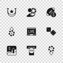 Set Automated teller machine and money, Game dice, Casino chips, Online poker table game, American football betting, Horseshoe, Hand holding casino and icon. Vector
