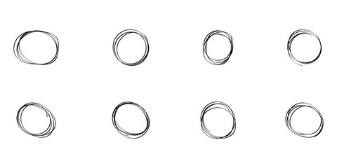 Black hand drawing doodle set on isolated white page. 8 different shapes doodle circle set. Outline black circle vector set. Stroke outline drawn vector icon.