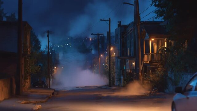 A moody, sci-fi-inspired night street scene with cascading light and wafting smoke creates an empty, surreal atmosphere of anticipation or aftermath.