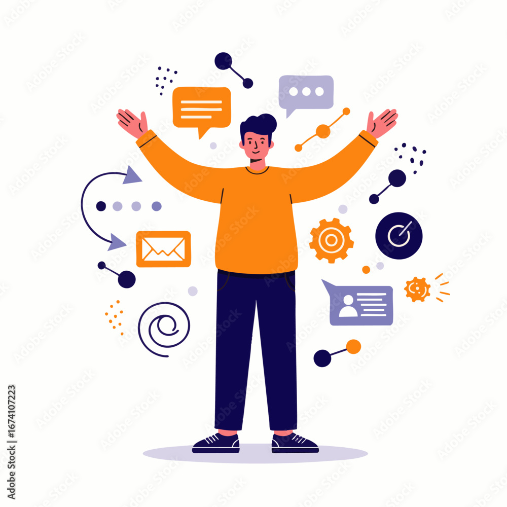 Poster this illustration depicts a person managing communication, strategy, and information flow, symbolizi