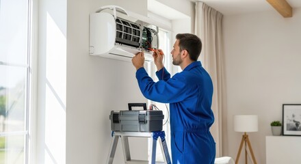 Skilled technician in blue coveralls meticulously repairs a modern ductless mini-split air conditioning unit