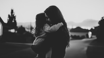 Mother Embracing Daughter in Peaceful Outdoor Evening Scene