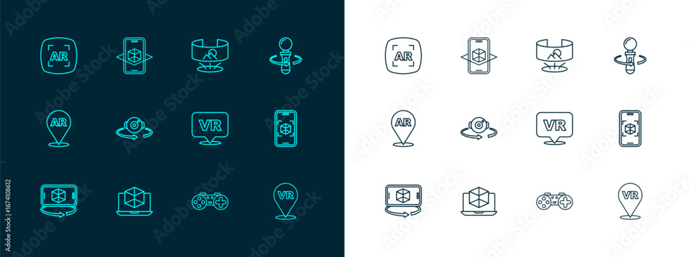 Poster set line vr controller game, 3d modeling, virtual reality, gamepad, 360 degree view, augmented ar an
