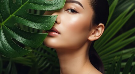 A serene young woman with glowing skin and perfect makeup partially obscured by a large, dewy tropical Monstera leaf