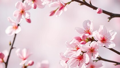 Delicate almond blossom frame, soft pink petals, copy space for spring greetings,  floral design,  card