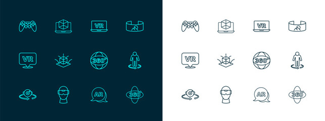 Set line 360 degree view, Virtual reality glasses, Augmented AR, 3d modeling, Gamepad and icon. Vector