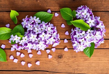 Delicate lilac blossoms scattered on rustic wood; bottom-right, texture, violet