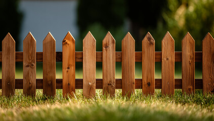 Fototapeta premium Wooden picket fence in a green yard during late afternoon sunlight with a soft focus background of trees Generative AI