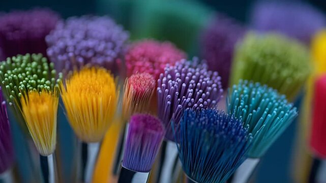 Vibrant macro image of paintbrush bristles immersed in vivid paint, highlighting texture and color intensity.