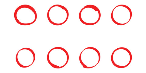 Red hand drawing doodle set on isolated white background. 8 red different shapes doodle circle set.  Modern isolated doodle art. Stroke outline drawn vector icon. Vector icon set on white page.