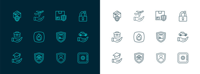 Set line Broken or cracked lock, House with shield, Delivery security, Life insurance, Fire flame, and Plane hand icon. Vector